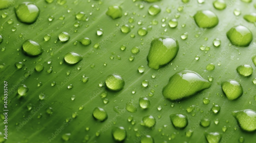 Poster close-up of a green leaf showcasing sparkling morning dew droplets that capture soft light, emphasiz