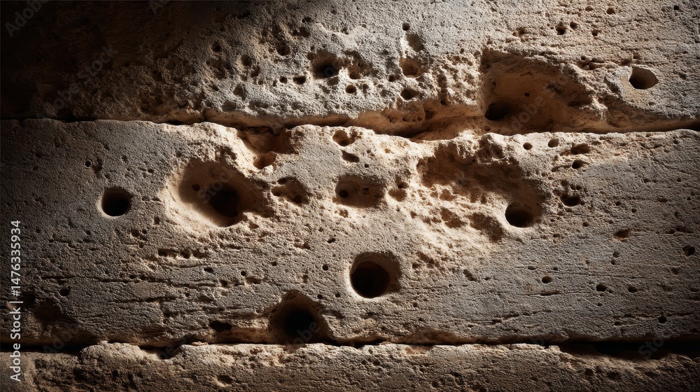 Poster close-up view reveals the rough texture of a travertine slab, highlighting its natural holes and lin