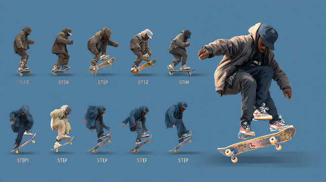 bright and modern flat vector illustration sequence showing the steps of a kickflip skateboard trick on a blue background