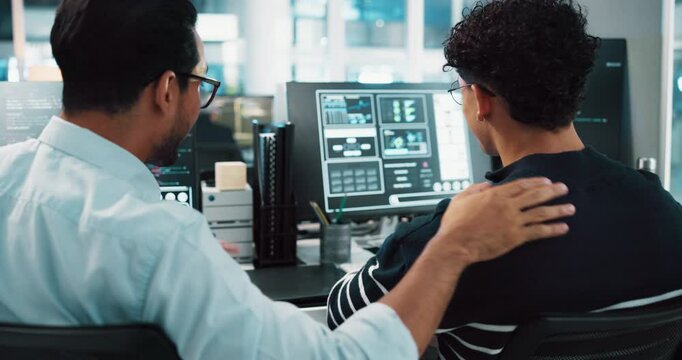 Men, developer and talking with computer in office for programming, coding success and software update. People, online and discussion for website development, teamwork and well done for server launch