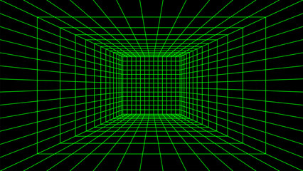 3d wireframe perspective grid room template design vector illustration background. Empty 3 dimension virtual room with perspective wireframe grid geometric sketch. Cyber virtual line interior frame.