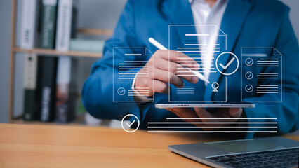 Businessman checks transaction documents or electronic contract documents, Prepare check and...