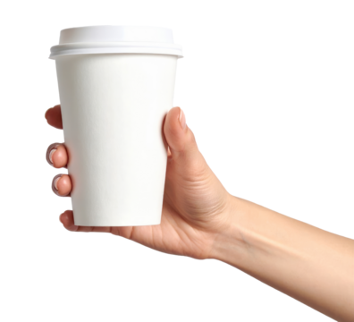 Woman hand holding white disposable paper cup with lid on white background
