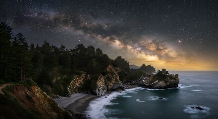 Fototapeta premium Milky Way Over Mcway Falls Coastal Scene with Ocean Waves