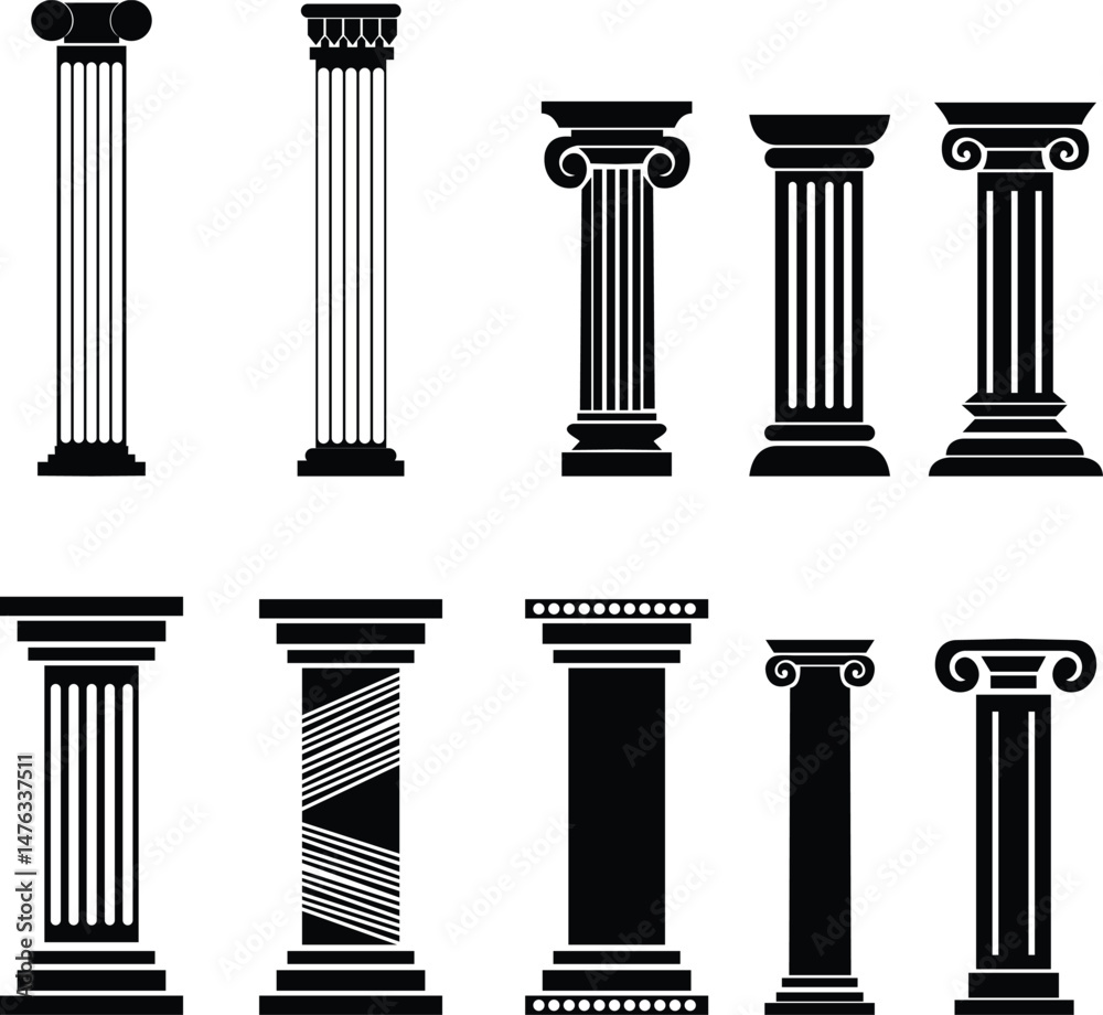 Poster icon set of classical building with columns representing ancient architecture, linear style icon. historic designs. Editable stroke width symbols elements infographics for web transparent background