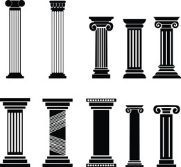 icon set of classical building with columns representing ancient architecture, linear style icon. historic designs. Editable stroke width symbols elements infographics for web transparent background