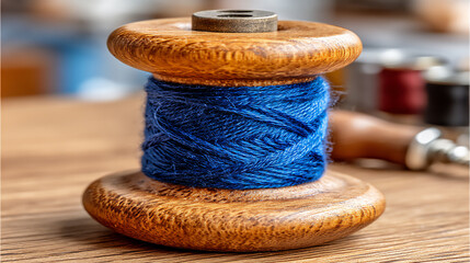 close-up macro studio shot of a vibrant blue cotton thread wound tightly on a wooden spool, the texture of the thread and the grain of the wood visible,