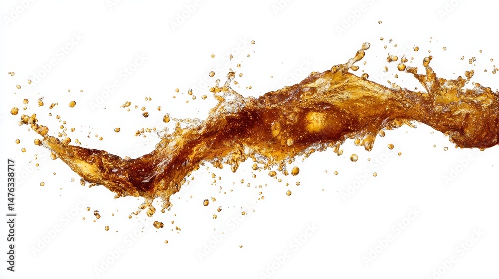 Aufkleber Carbonated cola is captured mid-pour, showcasing fizzy bubbles and droplets in a dynamic splash against a clear background, creating an energetic visual effect