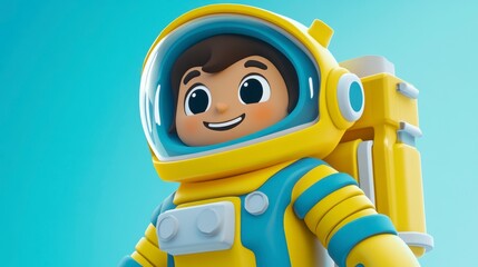 Happy cartoon astronaut child in yellow spacesuit.