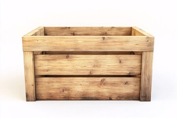 A brown, old wooden crate, isolated on white, is an empty storage container