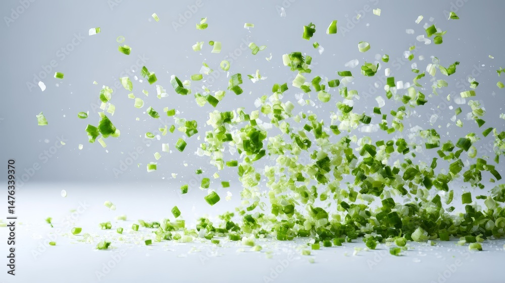 Poster chopped green onion pieces fall freely, creating a dynamic composition of light green hues and soft 