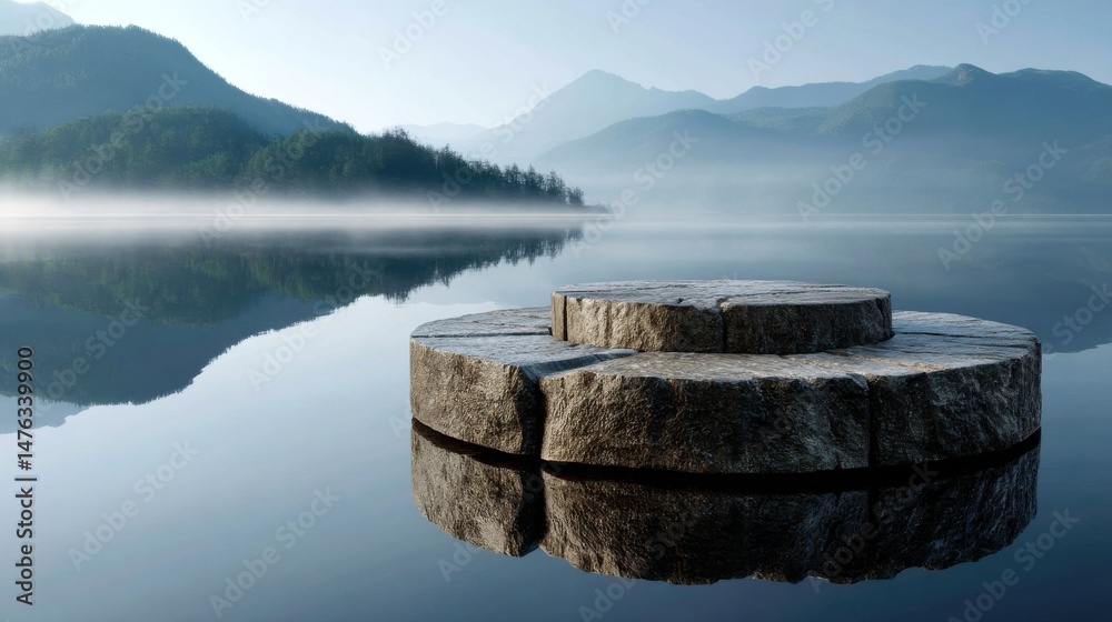 Poster a large stone is floating on the surface of a lake