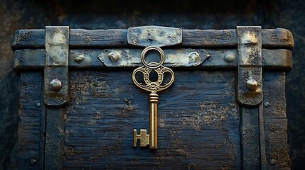Ornate key resting on weathered chest antique metalwork