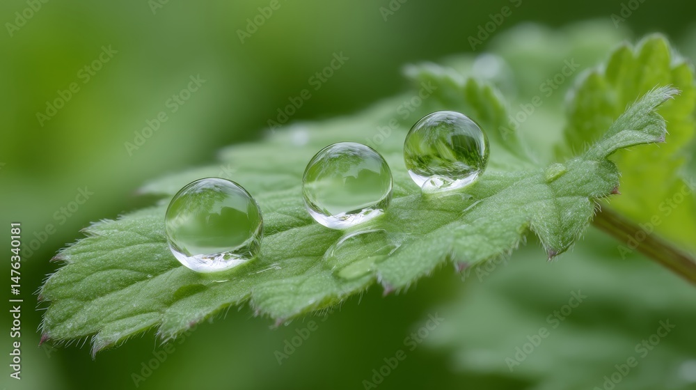 Fototapete close-up view captures a cluster of water droplets resting on a rich green leaf, reflecting light in