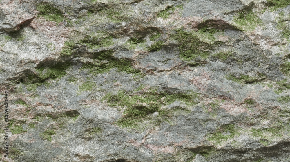 Aufkleber close-up view of a textured gray stone surface showcasing natural cracks and moss patches, illuminat