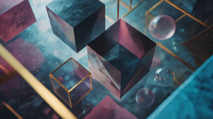Abstract geometric art design with cubes and spheres for modern background wallpaper and presentation