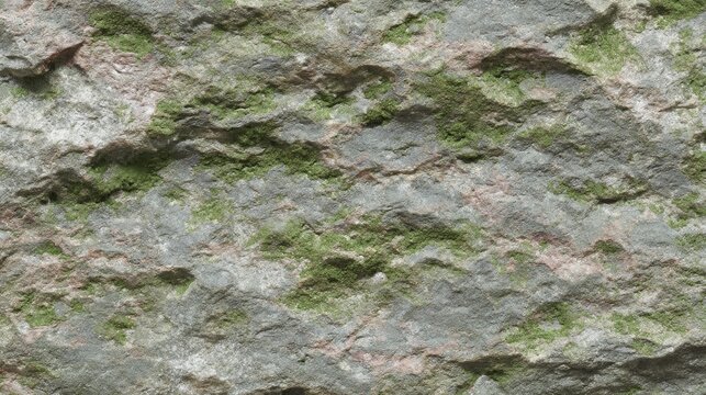 Close-up view of a textured gray stone surface showcasing natural cracks and moss patches, illuminated by soft daylight. Ideal for organic background designs