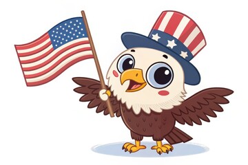 Cartoon Eagle Character with Big Eyes and American Flag Accessory