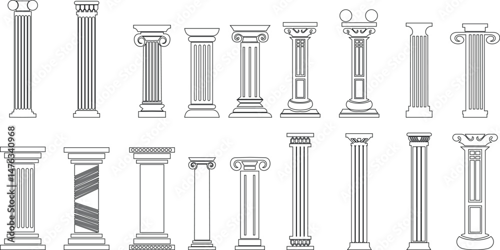 Poster icon set of classical building with columns representing ancient architecture, linear style icon. historic designs. Editable stroke width symbols elements infographics for web transparent background