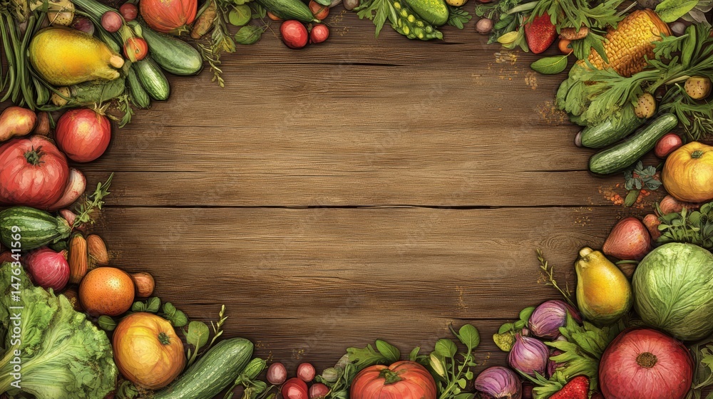 Poster fresh colorful vegetables and herbs arranged in a frame on a rustic wooden background, leaving a bla