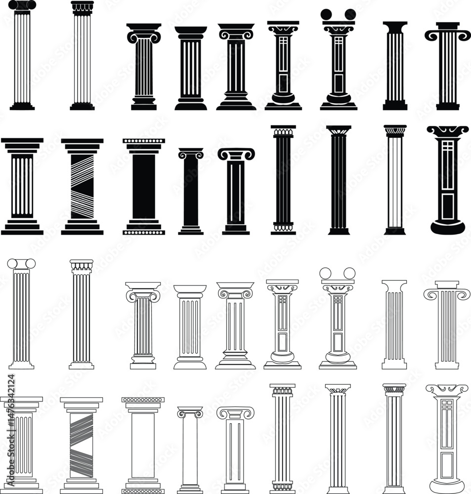 Poster icon set of classical building with columns representing ancient architecture, linear style icon. historic designs. Editable stroke width symbols elements infographics for web transparent background