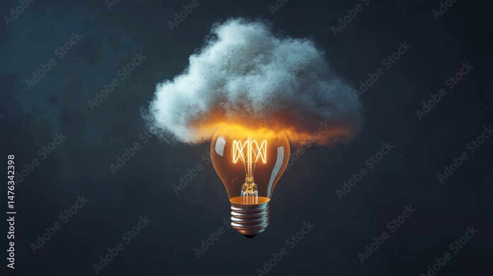 Poster glowing lightbulb with a cloud on top, symbolizing ideas and innovation.