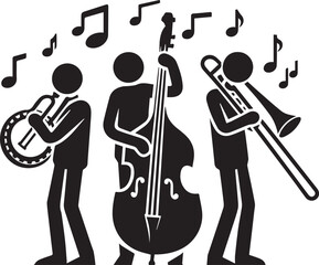 "Black and White Jazz Band Vector Illustration with Musical Instruments"