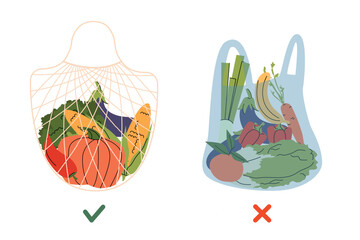 eco friendly and non eco grocery bags. reusable mesh bag filled with colorful vegetables and a plastic bag with assorted produce . Perfect for sustainability, environmental awareness visuals. Vector