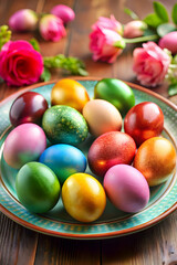 Fototapeta premium Assorted-color Easter eggs on plate