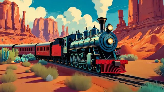 Colorful vintage steam locomotive traveling through a stylized desert canyon landscape with vibrant rock formations and clear blue sky

