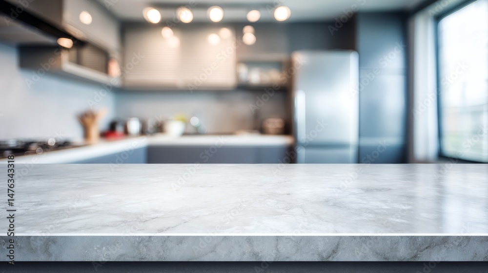 Poster Sleek white countertop is highlighted in a minimalist kitchen, with bokeh lights softly illuminating the background, perfect for product display