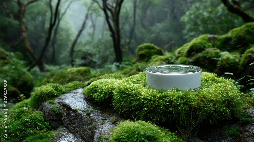 Poster a white object is sitting on a mossy rock in a forest