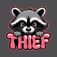 Cute Cartoon Raccoon Character Peeking Over Pink Thief Text