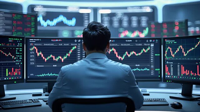 Business analyst monitoring financial market data on multiple screens with charts, stock prices, and trading graphs in a control room setup


