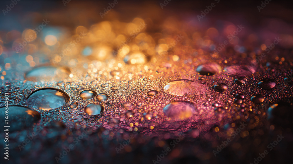 Poster macro water drops on surface with bokeh background abstract wet texture close up photography style i