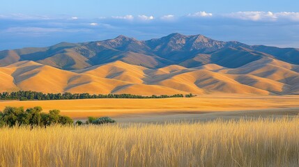 Obraz premium Golden landscape with rolling hills and mountains