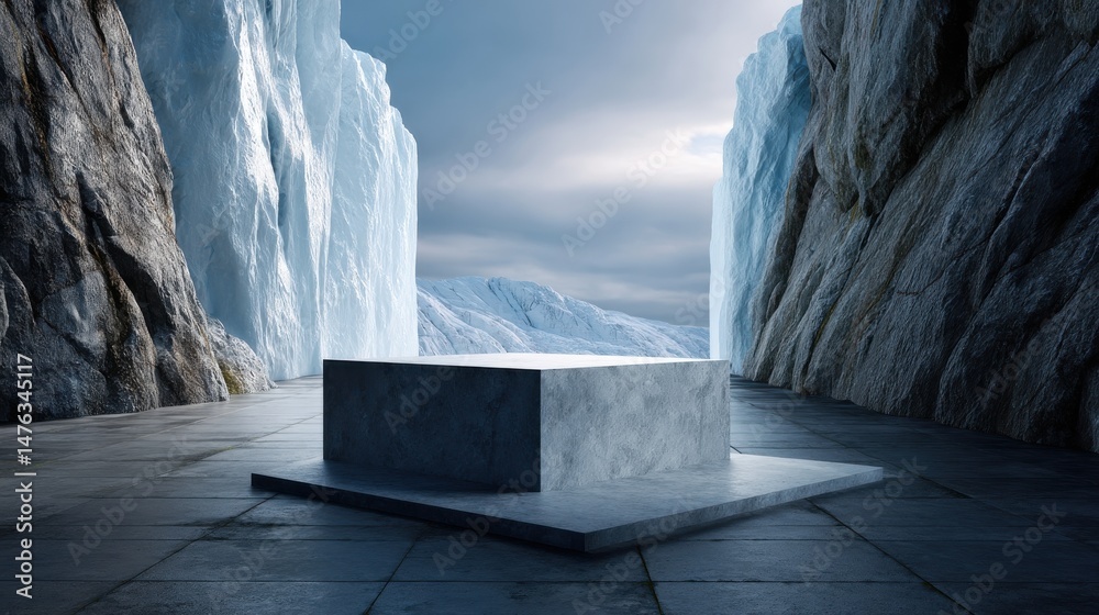 Poster A large square stone structure sits in front of a mountain range