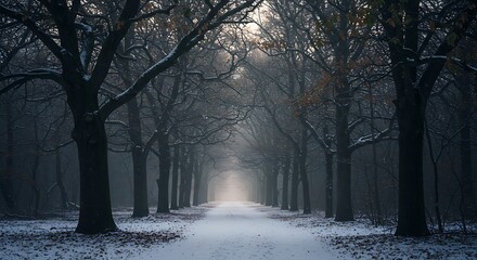 Obraz premium Snowy Path Through Forest with Bare Trees and Winter Fog