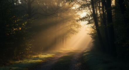 Sun Rays Through Forest Path Creating a Mystical and Peaceful Scene