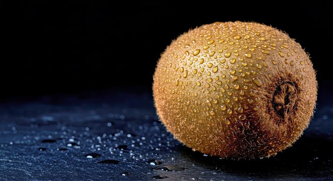 Close-up view of a fuzzy kiwi fruit covered in water droplets on a dark surface. Captures the unique texture and refreshing nature.