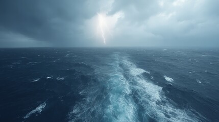 A powerful storm unleashes towering waves and brilliant lightning across the ocean, creating a moody atmosphere filled with energy and chaos in the waters below