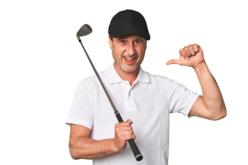 Middle aged golfer man happy, smiling and cheerful.