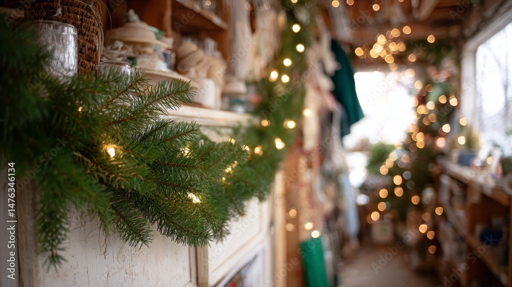 Poster a warm and inviting space features festive garlands and twinkling lights intertwined with evergreen 