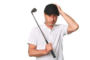 Middle aged golfer man showing a disappointment gesture with forefinger.