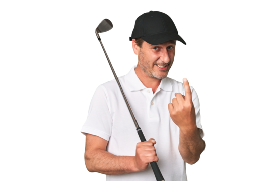 Middle aged golfer man pointing with finger at you as if inviting come closer.