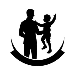 Silhouette of a father holding his child with a curved banner at the bottom in black and white image