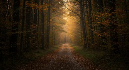 Fototapeta premium Autumn Forest Path with Sunlight Streaming Through Trees and Fallen Leaves