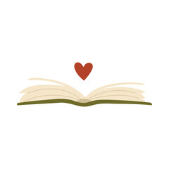 Heart sign and open book doodle style elements. Flat vector illustration isolated on white background.