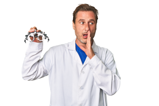 A middle-aged optometrist man is saying a secret hot braking news and looking aside