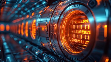 Obraz premium Futuristic technological conduits with glowing orange displays.